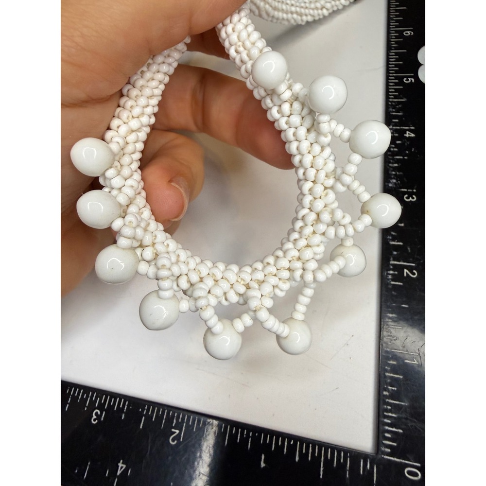 White Seed Bead Woven Lattice Choker Necklace Silver Tone Clasp 15 Inch